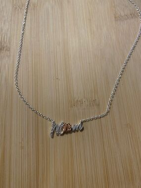 NWT ‘Mom' Script Pendant Necklace with Rose Accent - Silver Plated and Rose Gold